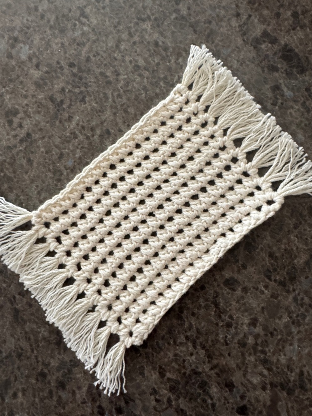 Handmade Crochet Mug Rug with Fringe /Placemat / Trivet  Off-White 100% Cotton - Picture 4 of 7